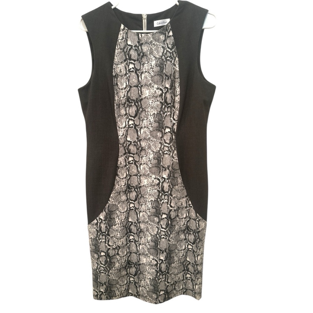 Calvin Klein Black Snake Skin Print Sheath Dress Sleeveless Sz 12 mob wife Goth